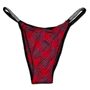 NWT VICTORIA'S SECRET Very Sexy Brazilian Pantie Sz M Black Red Plaid Sparkle
